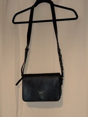 GUESS Black Leather Crossbody Bag with Triangular Logo